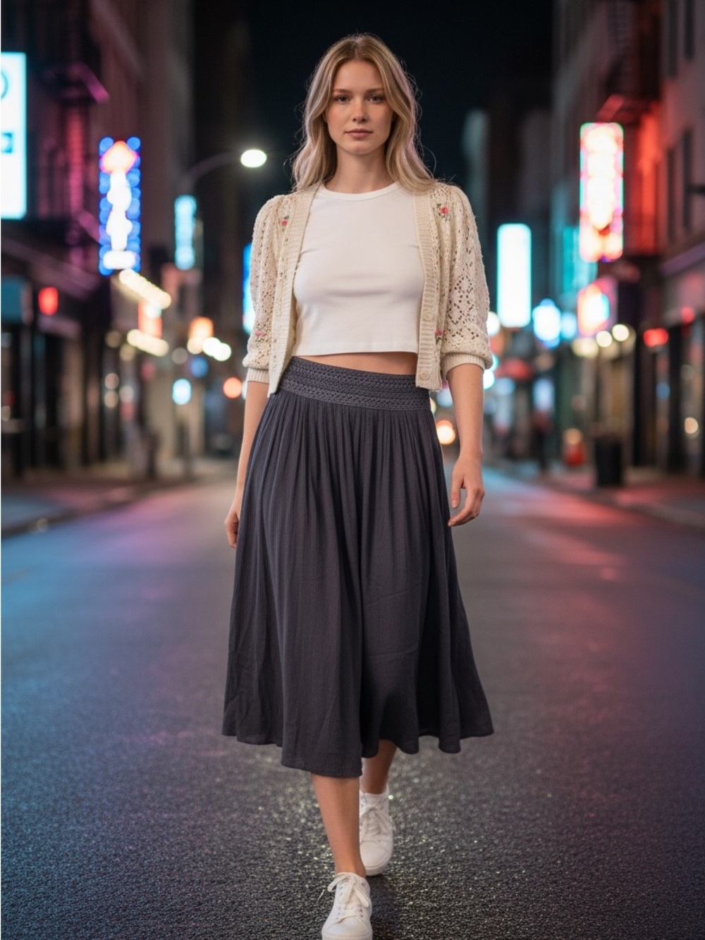Boho Black Midi Cottagecore Skirt with Smocked Waist
